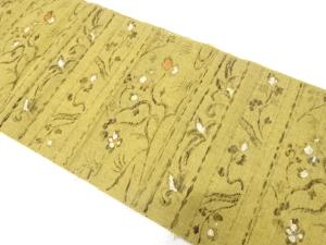 アンティーク　手織り紬　横段に花更紗模様織り出し名古屋帯（着用可）